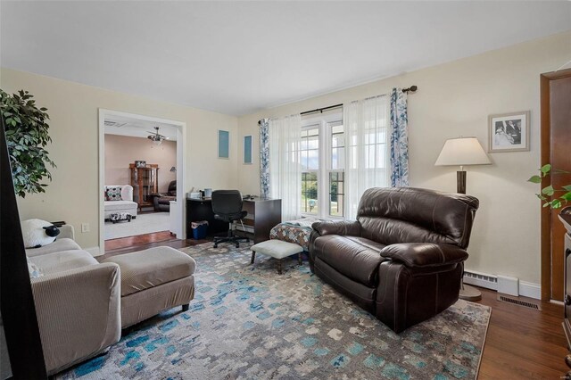 living room featuring dark hardwood / wood-style floors and baseboard heating