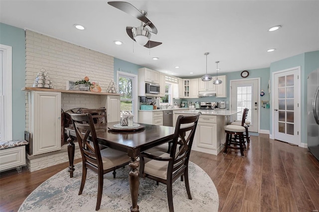 dining room featuring plenty of natural light, dark hardwood / wood-style flooring, and ceiling fan