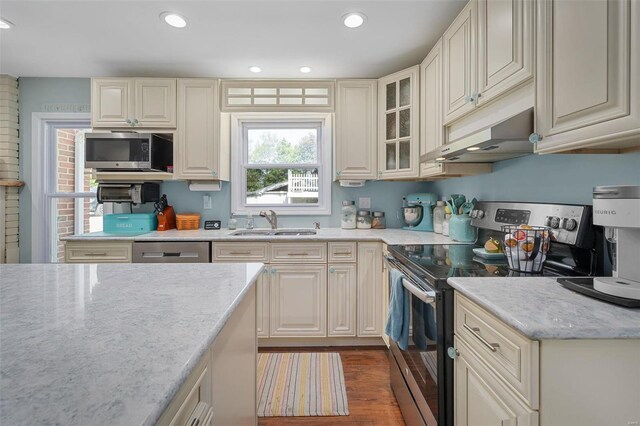 kitchen with appliances with stainless steel finishes, ventilation hood, dark wood-type flooring, and sink