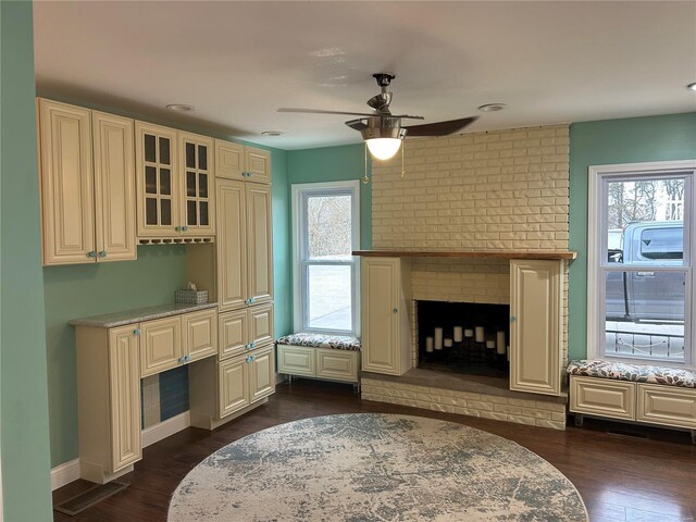 interior space featuring multiple windows, dark wood-style flooring, and a fireplace