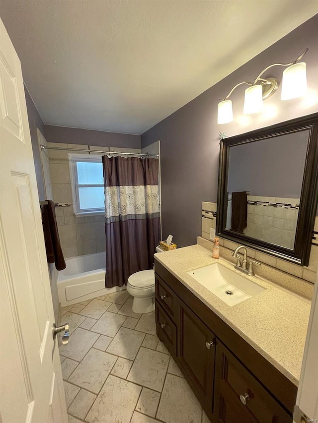 full bath featuring vanity, toilet, and shower / bathtub combination with curtain