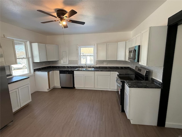 kitchen with ceiling fan, wood finished floors, a sink, stainless steel appliances, and decorative backsplash