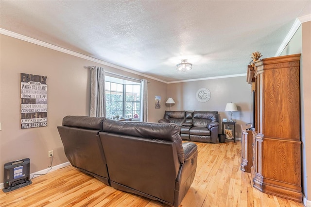 living room with ornamental molding, a textured ceiling, and light hardwood / wood-style floors