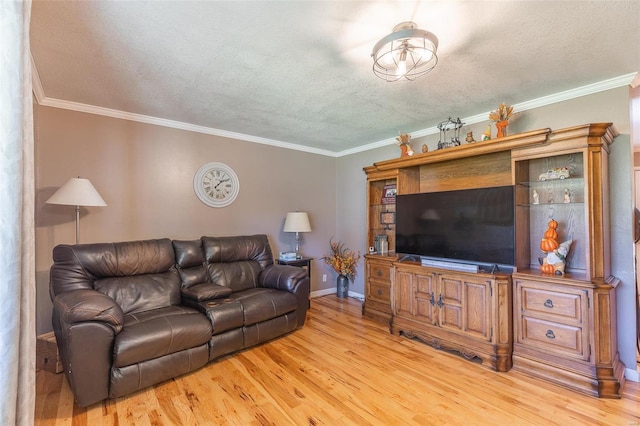 living room featuring ornamental molding, a textured ceiling, and light hardwood / wood-style floors