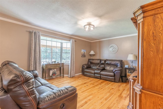 living room featuring ornamental molding, light hardwood / wood-style floors, and a textured ceiling