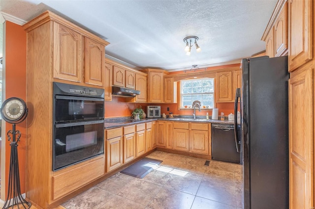 kitchen with light tile patterned floors, sink, ornamental molding, a textured ceiling, and black appliances