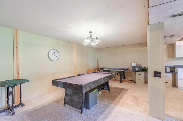 game room featuring an inviting chandelier, light colored carpet, and billiards