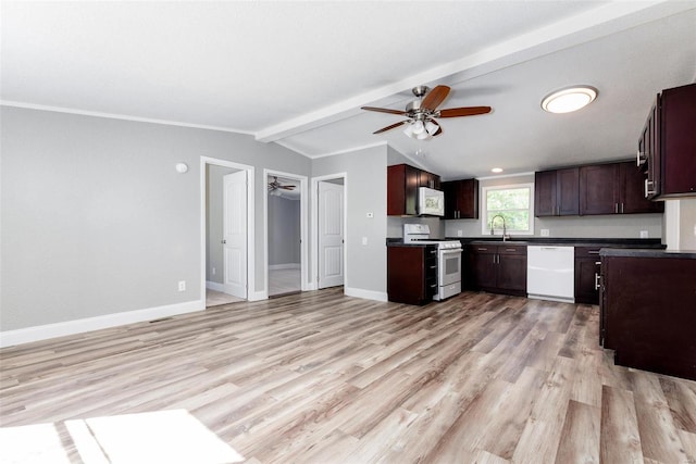 kitchen featuring lofted ceiling with beams, light hardwood / wood-style floors, sink, white appliances, and ceiling fan