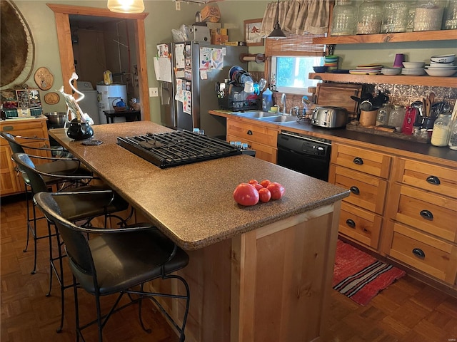 kitchen with a kitchen breakfast bar, dark parquet flooring, black dishwasher, sink, and stainless steel fridge with ice dispenser