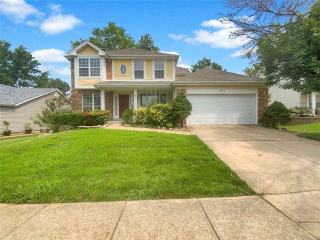 view of front facade with a garage, a porch, and a front lawn