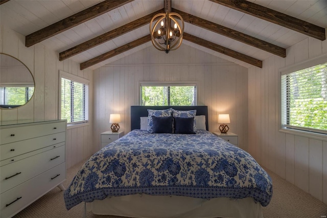 bedroom featuring wood ceiling, wood walls, carpet flooring, and lofted ceiling with beams