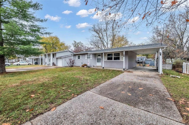 ranch-style home with a garage, a front yard, and a carport