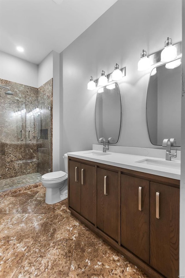 bathroom with vanity, a shower with door, and toilet