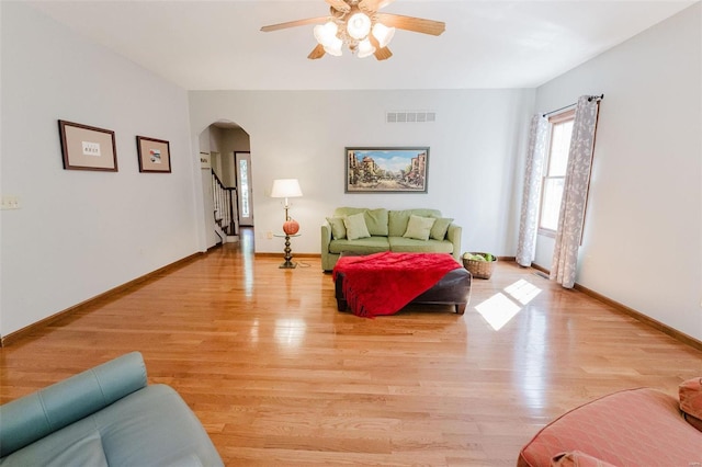 living room featuring ceiling fan and light hardwood / wood-style floors