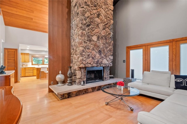 living room with a fireplace, light hardwood / wood-style floors, and high vaulted ceiling