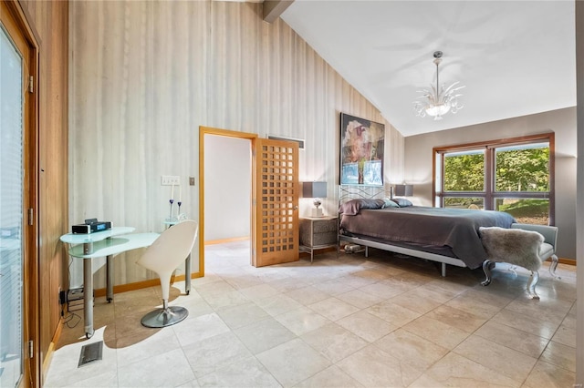 bedroom with vaulted ceiling with beams and an inviting chandelier