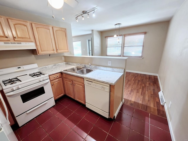 kitchen featuring white appliances, light brown cabinetry, dark wood-type flooring, and a wealth of natural light