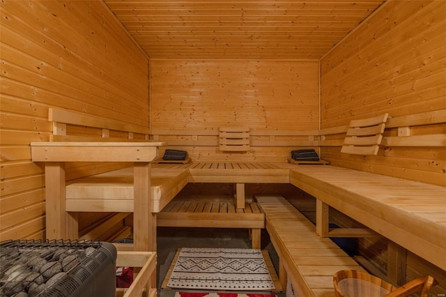 view of sauna with wood ceiling and wooden walls