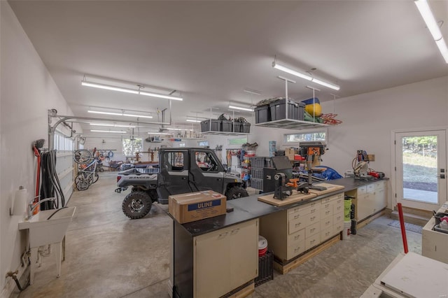 garage featuring a workshop area