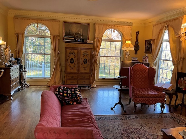 sitting room featuring crown molding and wood-type flooring