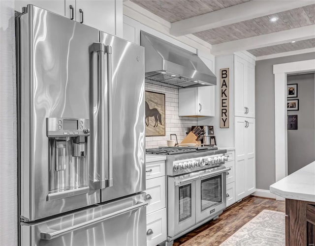 kitchen featuring high quality appliances, white cabinetry, wall chimney range hood, backsplash, and beamed ceiling