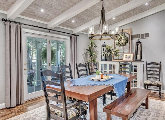 dining area featuring light wood finished floors, baseboards, visible vents, and beamed ceiling