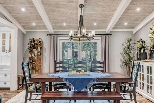 dining space with wooden ceiling, a notable chandelier, beamed ceiling, and wood finished floors