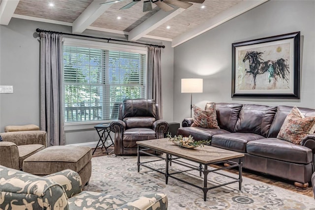 living room with wooden ceiling, ceiling fan, and light wood-style flooring