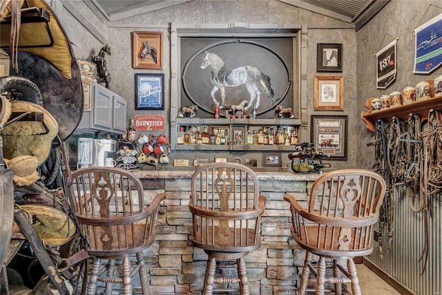 bar featuring lofted ceiling and indoor bar