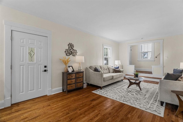 living room featuring ornamental molding and hardwood / wood-style flooring