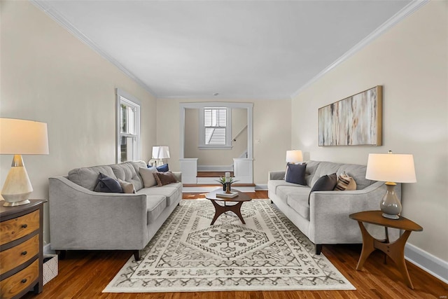 living room featuring crown molding and dark hardwood / wood-style flooring