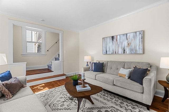 living room featuring ornamental molding and hardwood / wood-style flooring