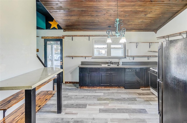 kitchen featuring wood ceiling, black dishwasher, refrigerator, and hanging light fixtures