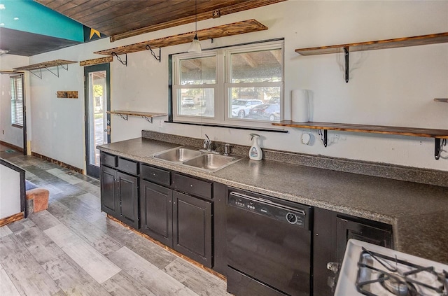 kitchen with light wood-type flooring, dishwasher, wooden ceiling, and sink