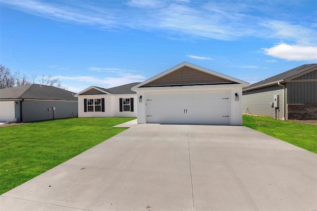 single story home with a garage, concrete driveway, and a front yard