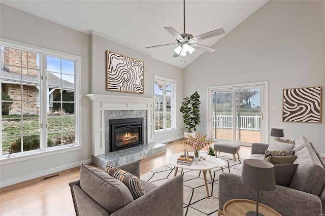 living room featuring light hardwood / wood-style floors, high vaulted ceiling, a wealth of natural light, and a premium fireplace