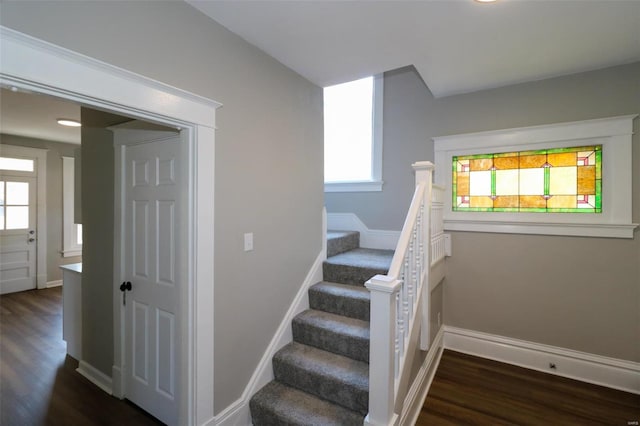 stairway featuring plenty of natural light and hardwood / wood-style floors