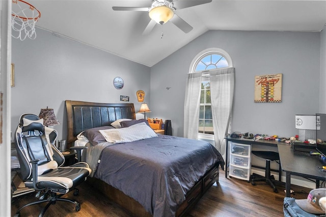 bedroom with lofted ceiling, dark hardwood / wood-style floors, and ceiling fan