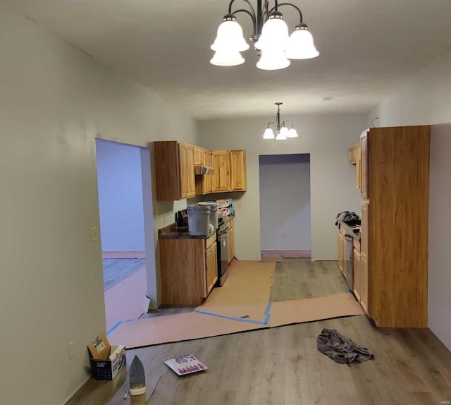 kitchen with light hardwood / wood-style flooring, an inviting chandelier, and hanging light fixtures