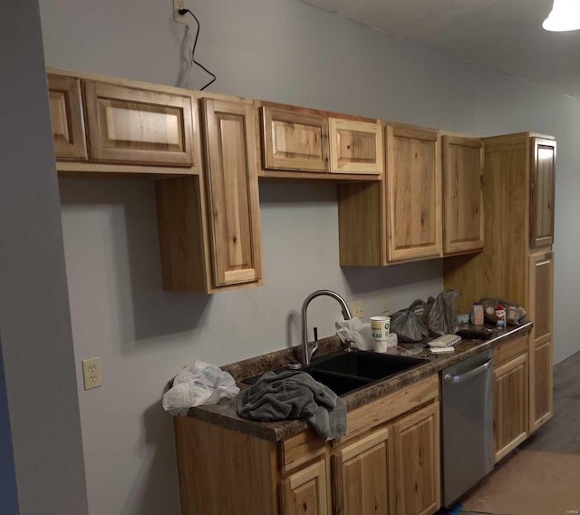 kitchen with stainless steel dishwasher, sink, and dark hardwood / wood-style flooring