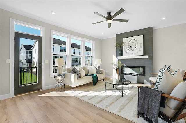 living room featuring light hardwood / wood-style flooring, a fireplace, crown molding, and a wealth of natural light