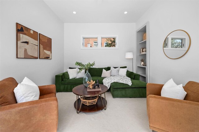 living room featuring built in shelves and carpet flooring