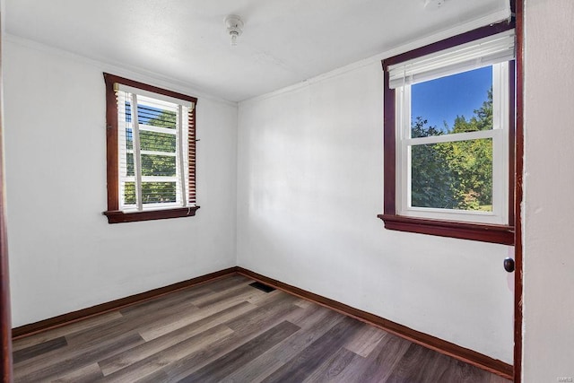 spare room with dark hardwood / wood-style floors and crown molding