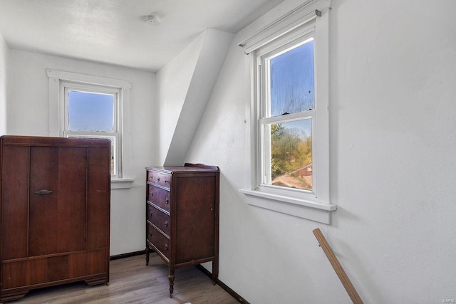 additional living space with light hardwood / wood-style flooring