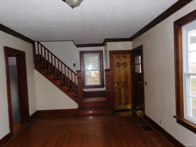 foyer featuring plenty of natural light, dark wood-type flooring, and crown molding