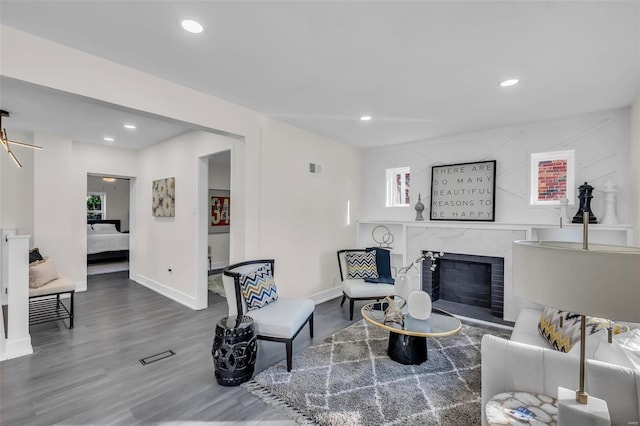 living room with wood-type flooring and a premium fireplace