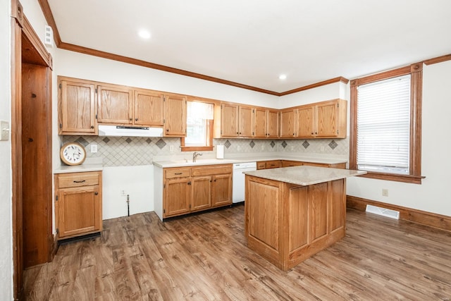 kitchen featuring white dishwasher, a kitchen island, hardwood / wood-style flooring, and a healthy amount of sunlight