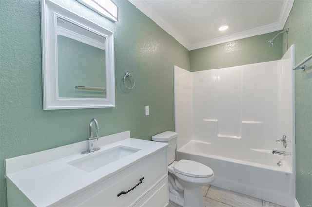 full bathroom featuring vanity, ornamental molding, shower / bath combination, tile patterned floors, and toilet