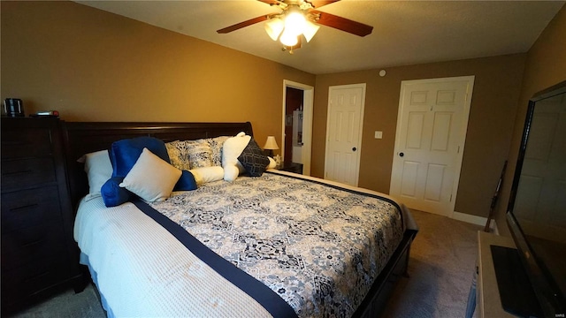 carpeted bedroom featuring ceiling fan