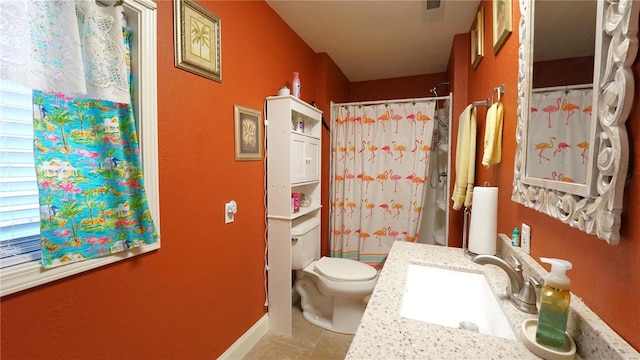 bathroom with walk in shower, tile patterned flooring, vanity, and toilet